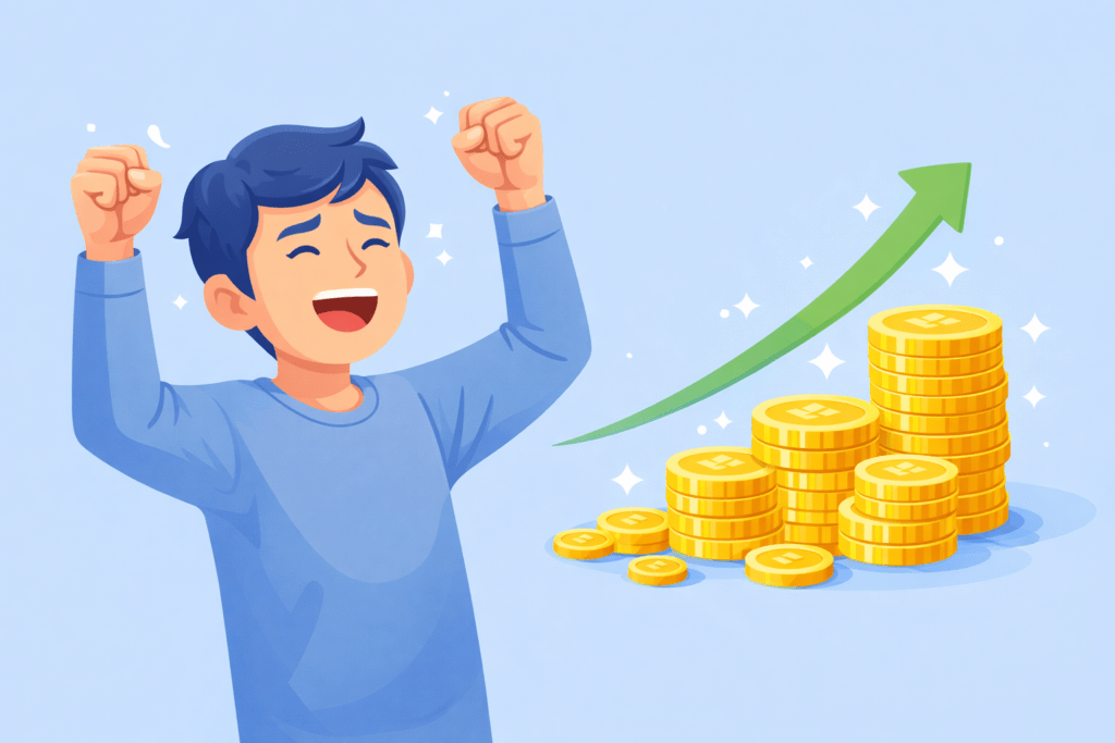 flat vector illustration, Korean blog style, happy character saving money, coins stacking up, positive financial growth, clean minimal UI style, bright colors, no realistic photo, no text
