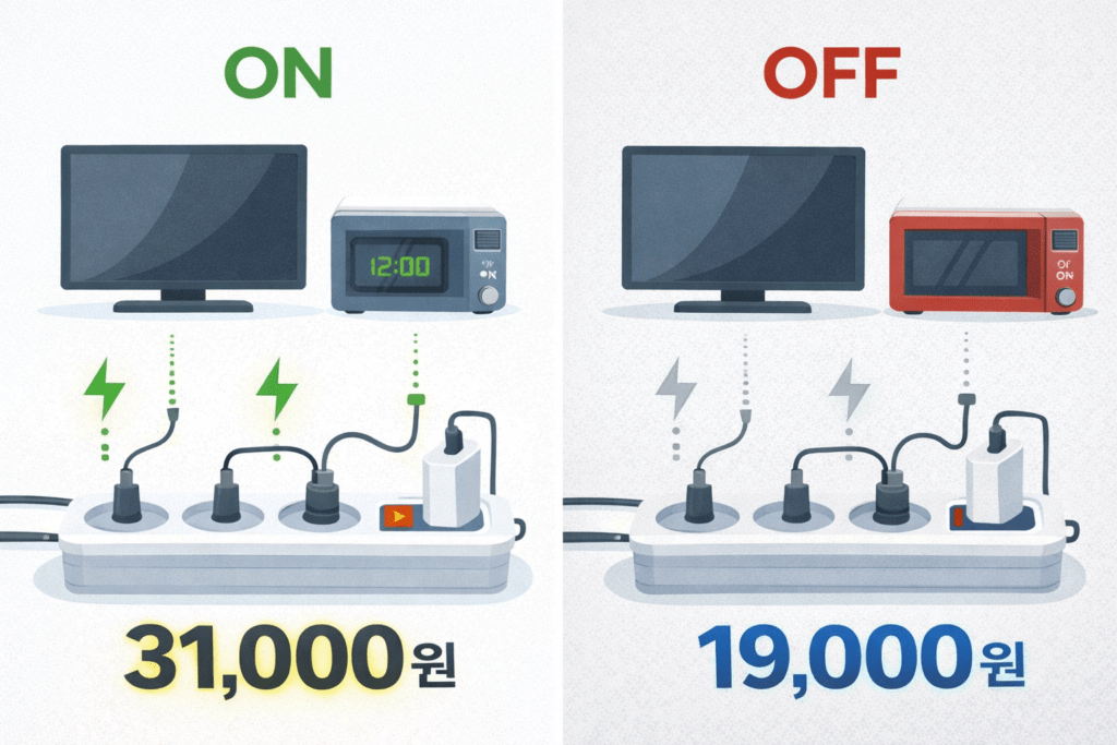 전기요금 절약 방법 3가지 (31,000원 → 19,000원 줄인 실제 후기, 대기전력, 설정 변경, 냉장고 관리) 2 전기요금 절약 방법 대기전력 차단 멀티탭 사용 이미지