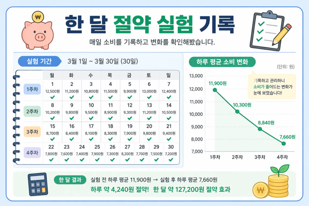 절약 실패하는 이유 3가지 (실험으로 알게 된 진짜 문제) 2 절약 실험 과정 소비 변화 그래프