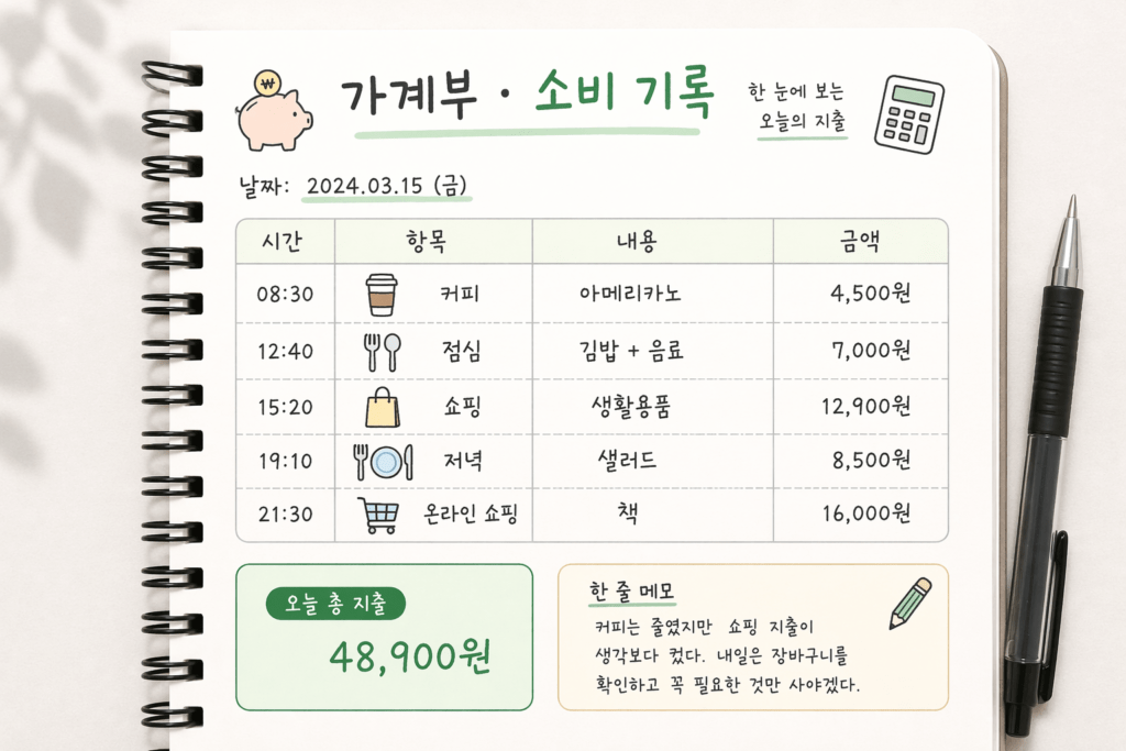 절약 실패하는 이유 3가지 (실험으로 알게 된 진짜 문제) 3 가계부 기록 예시 소비 항목