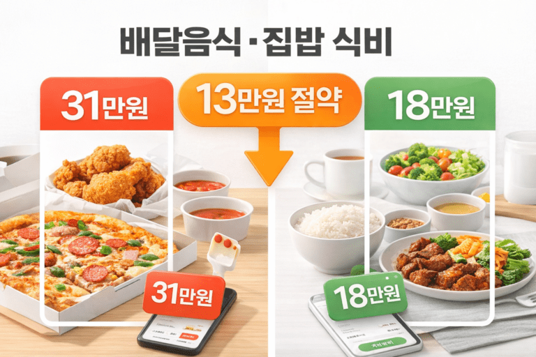 배달앱 끊기 전후 식비 31만 원에서 18만 원으로 감소 비교 이미지