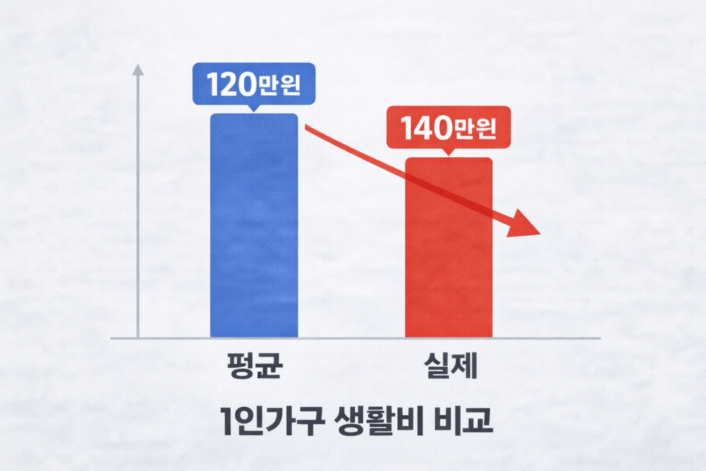 1인가구 생활비 평균과 실제 지출 비교 그래프