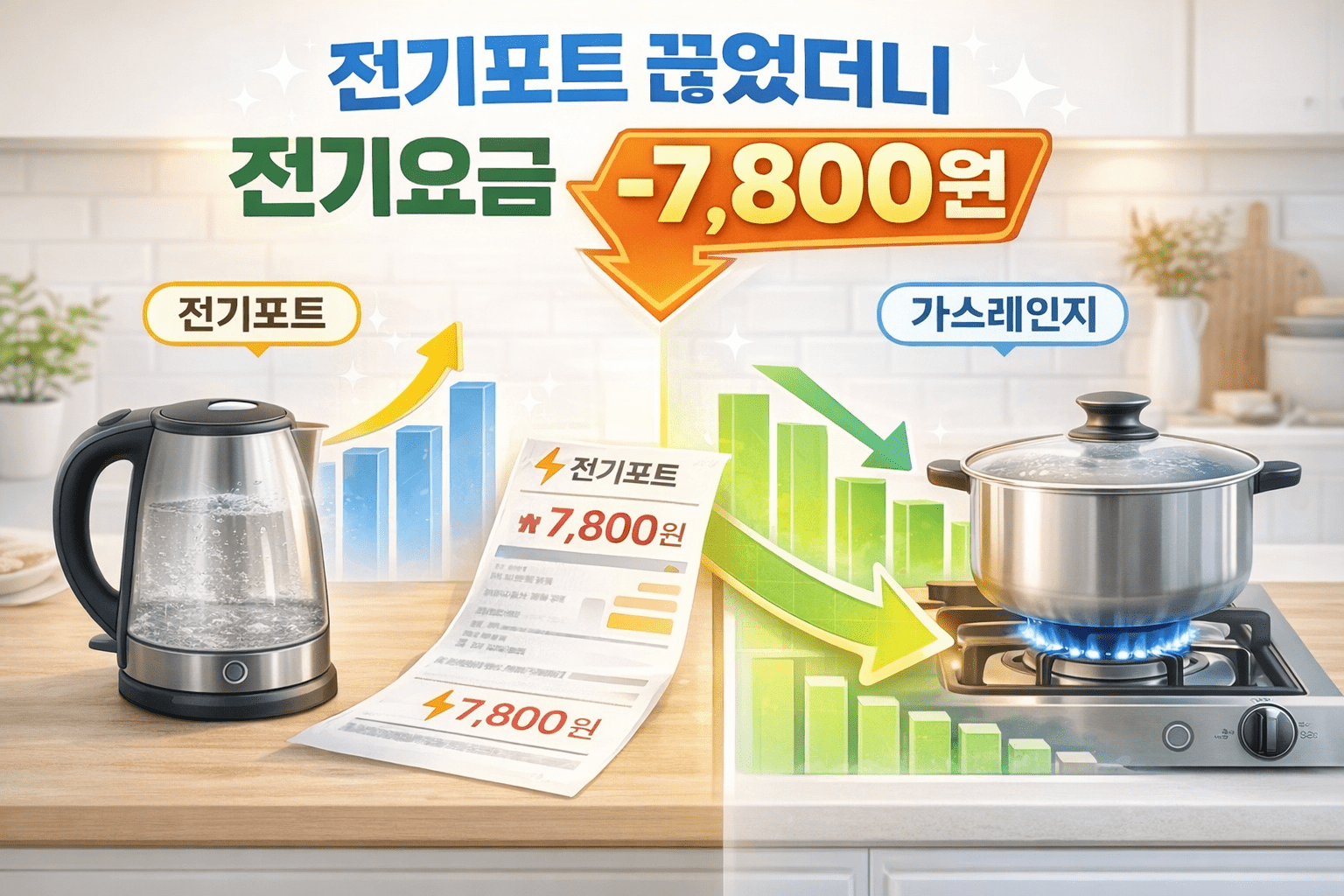 전기포트 대신 가스레인지 사용 전기요금 절감 비교 이미지