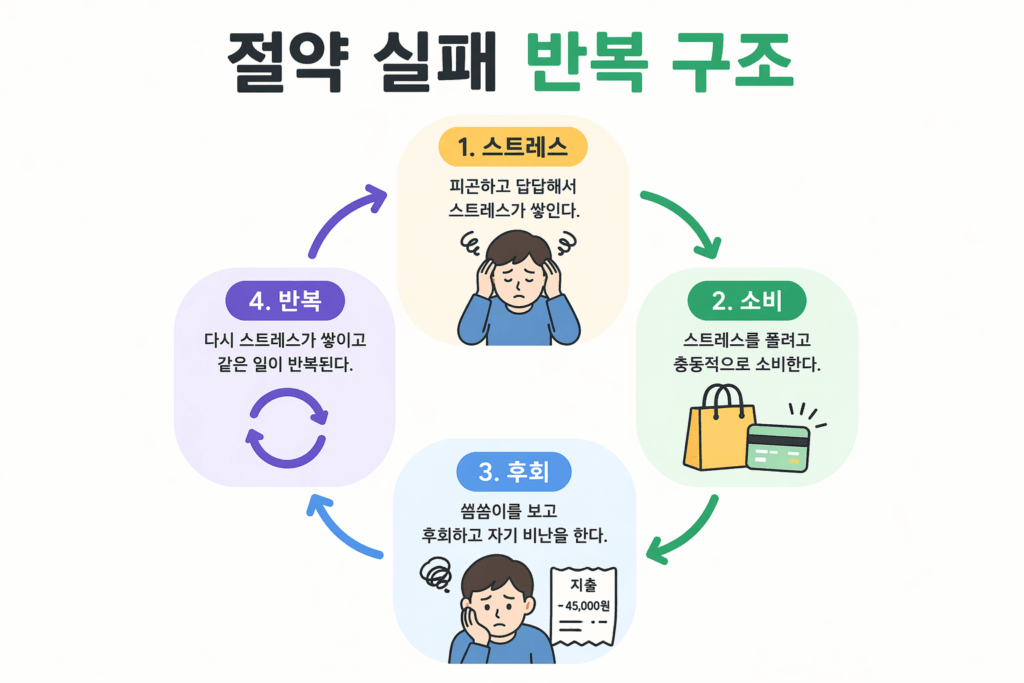절약 실패하는 이유 3가지 (실험으로 알게 된 진짜 문제) 4 절약 실패 반복 구조 다이어그램